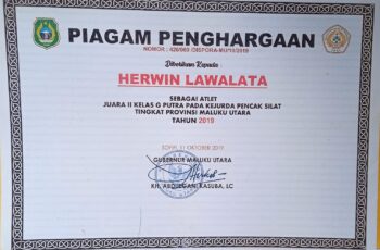 Herwin Lawalata – Piagam Penghargaan Atlet Juara II Kelas G Putra Pada Kejurda Pencak Silat Tingkat Provinsi Maluku Utara Tahun 2019