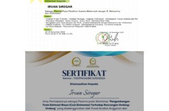 Irvan Siregar – Pelatihan Analisis Bibliometik dengan R. Biblioshiny dan VOSviewer Tahun 2025 dan Workshop Pengembangan Tools Estimasi Biaya (Cost Estimates) Terhadap Rancangan Undang-Undang Tahun 2024