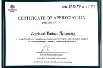 Zeyrindah – in recognition of your valuable contribution, commitment and continuous support for the AussieBanget Corner at Universitas Pattimura